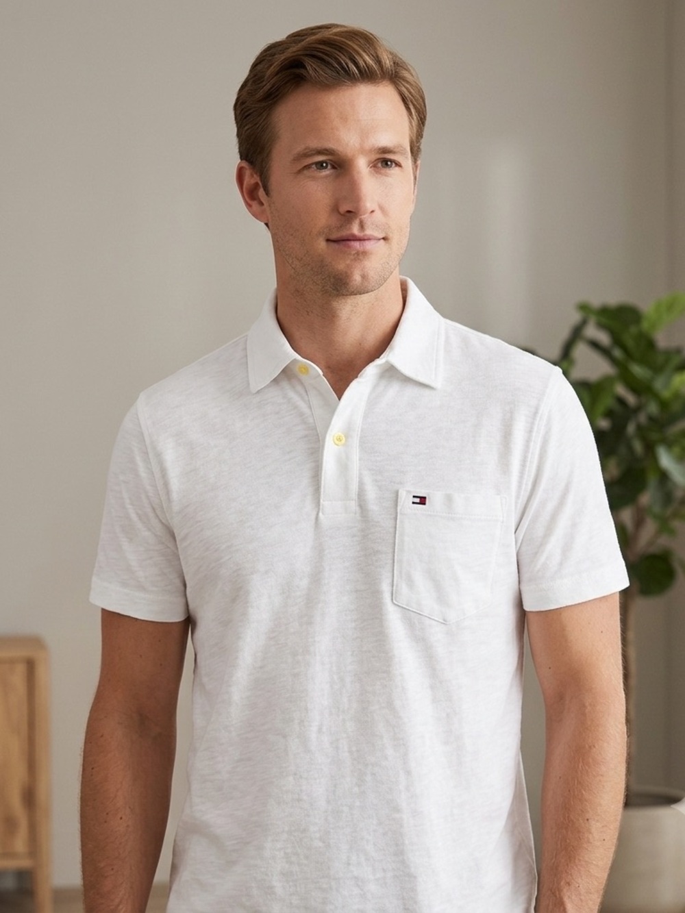 Tommy Hilfiger Men M White Slub Knit Polo Shirt Custom Fit Pocket Preppy Cotton